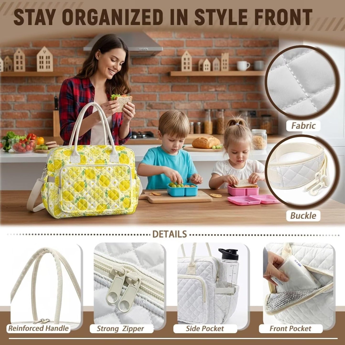 Daisy Lemon Quilted Lunch Box for Women Big Capacity Lunch Tote Bag with Bottle Holder Leakproof Insulated Sandwich Bags for Work Office Picnic Travel Camping Hiking Beach