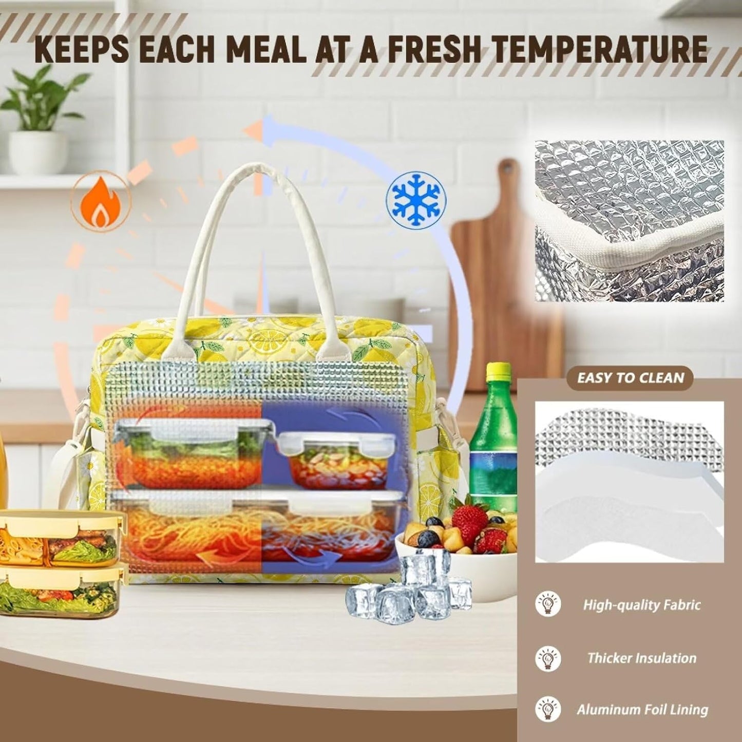 Daisy Lemon Quilted Lunch Box for Women Big Capacity Lunch Tote Bag with Bottle Holder Leakproof Insulated Sandwich Bags for Work Office Picnic Travel Camping Hiking Beach