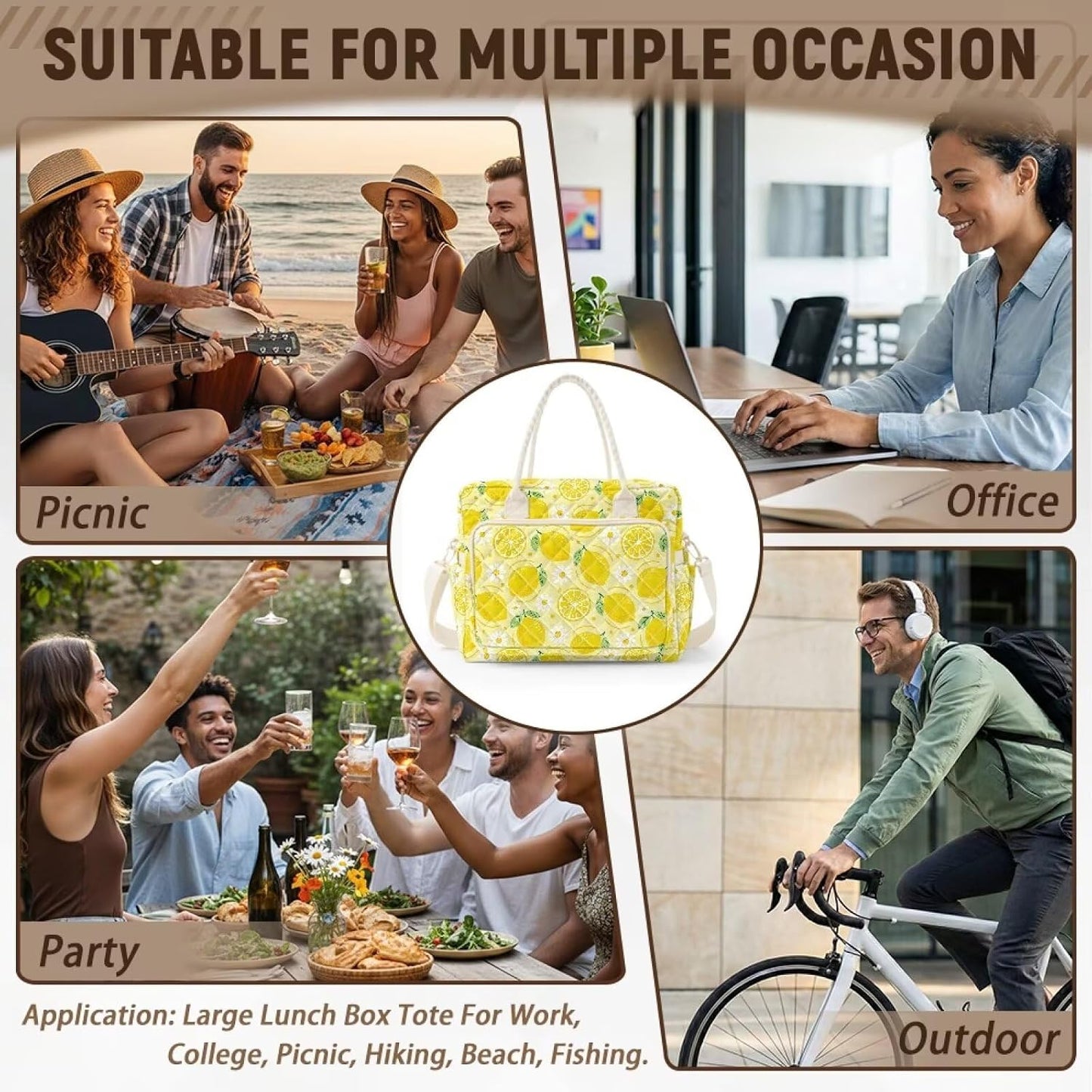 Daisy Lemon Quilted Lunch Box for Women Big Capacity Lunch Tote Bag with Bottle Holder Leakproof Insulated Sandwich Bags for Work Office Picnic Travel Camping Hiking Beach