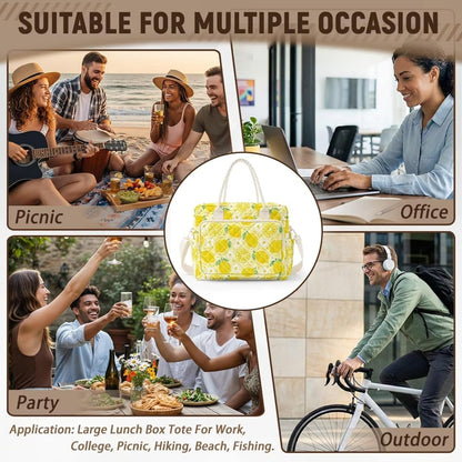 Daisy Lemon Quilted Lunch Box for Women Big Capacity Lunch Tote Bag with Bottle Holder Leakproof Insulated Sandwich Bags for Work Office Picnic Travel Camping Hiking Beach