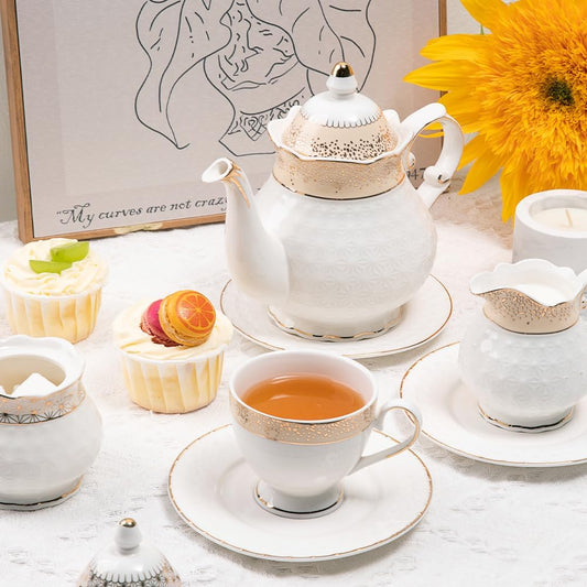 Sweejar 21 Pieces Porcelain Tea Set, Vintage Gold Trimmed Teapot Cup and Saucer Set, Tea Cup for Loose Tea, Sugar Bowl and Creamer Pitcher with Spoons, Service for 6(Classic Gold)