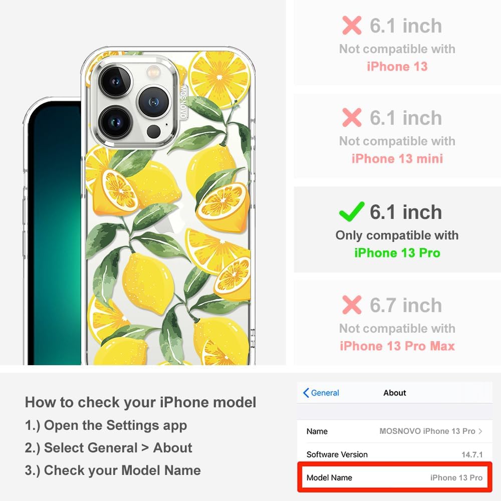 Case for iPhone 13 Pro, [Buffertech 6.6ft Military-Grade Drop Protection] [Anti Peel Off Tech] Clear TPU Bumper Phone Case Cover Design - Lemon