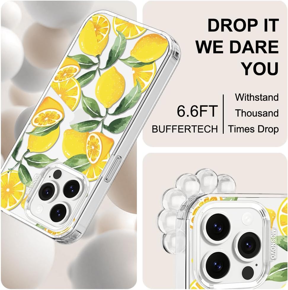 Case for iPhone 13 Pro, [Buffertech 6.6ft Military-Grade Drop Protection] [Anti Peel Off Tech] Clear TPU Bumper Phone Case Cover Design - Lemon