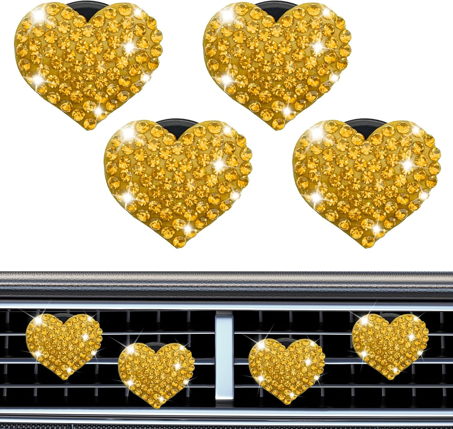 4PCS Heart-Shaped Car Vent Clip with Rhinestone, Vent Clip Car Accessories, Sparkly Rhinestone Bling Diamond Freshener Holder, Air Conditioning Outlet Ornament for Women Girls (Yellow, Style1)