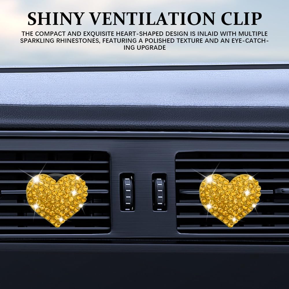 4PCS Heart-Shaped Car Vent Clip with Rhinestone, Vent Clip Car Accessories, Sparkly Rhinestone Bling Diamond Freshener Holder, Air Conditioning Outlet Ornament for Women Girls (Yellow, Style1)