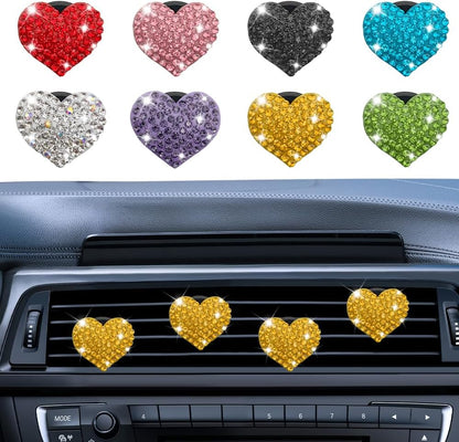 4PCS Heart-Shaped Car Vent Clip with Rhinestone, Vent Clip Car Accessories, Sparkly Rhinestone Bling Diamond Freshener Holder, Air Conditioning Outlet Ornament for Women Girls (Yellow, Style1)