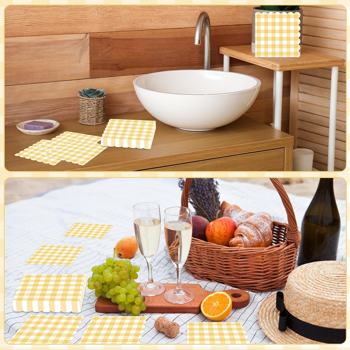 50Pcs 6.5 x 6.5inch Yellow and White Checkered Scalloped Napkins Disposable Yellow Plaid Paper Napkins Plaid Party Decoration for Birthday Picnic Family Dinner BBQ Wedding Baby Shower Party Supplies