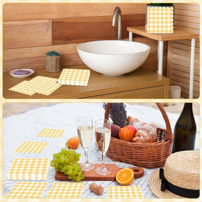 50Pcs 6.5 x 6.5inch Yellow and White Checkered Scalloped Napkins Disposable Yellow Plaid Paper Napkins Plaid Party Decoration for Birthday Picnic Family Dinner BBQ Wedding Baby Shower Party Supplies