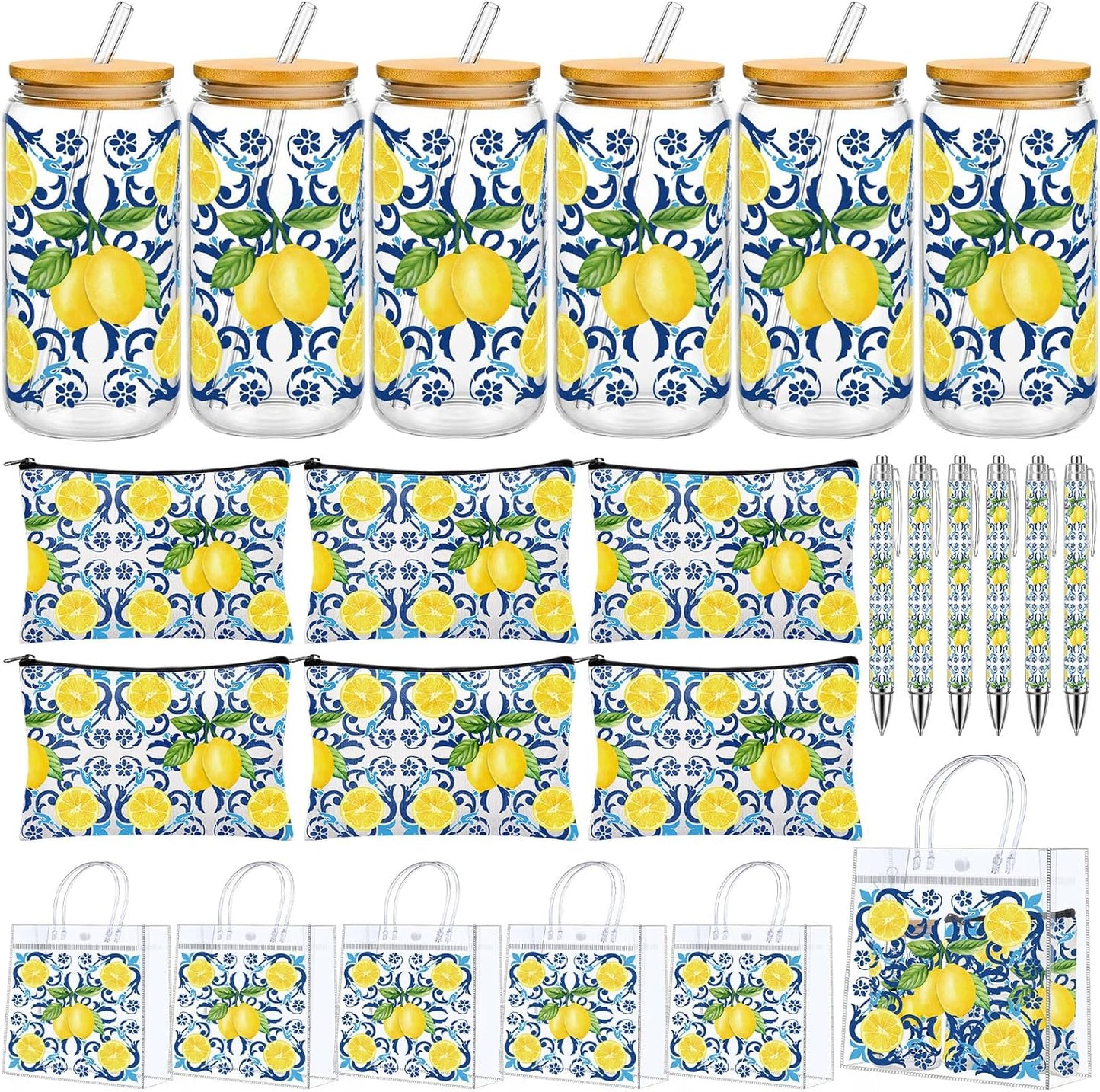 24 Pcs Lemon Party Favors,Capri Lemon Theme Gift PVC Transparent Bag 16 oz Glass Cups with Lids and Straws Cosmetic Bag Pen for Summer Bridal Baby Shower Wedding Engagement Favors Supplies