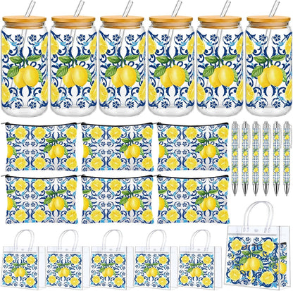 24 Pcs Lemon Party Favors,Capri Lemon Theme Gift PVC Transparent Bag 16 oz Glass Cups with Lids and Straws Cosmetic Bag Pen for Summer Bridal Baby Shower Wedding Engagement Favors Supplies