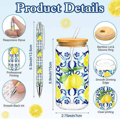 24 Pcs Lemon Party Favors,Capri Lemon Theme Gift PVC Transparent Bag 16 oz Glass Cups with Lids and Straws Cosmetic Bag Pen for Summer Bridal Baby Shower Wedding Engagement Favors Supplies
