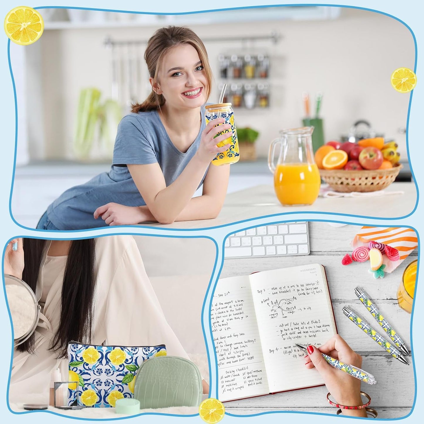 24 Pcs Lemon Party Favors,Capri Lemon Theme Gift PVC Transparent Bag 16 oz Glass Cups with Lids and Straws Cosmetic Bag Pen for Summer Bridal Baby Shower Wedding Engagement Favors Supplies