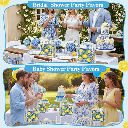 24 Pcs Lemon Party Favors,Capri Lemon Theme Gift PVC Transparent Bag 16 oz Glass Cups with Lids and Straws Cosmetic Bag Pen for Summer Bridal Baby Shower Wedding Engagement Favors Supplies