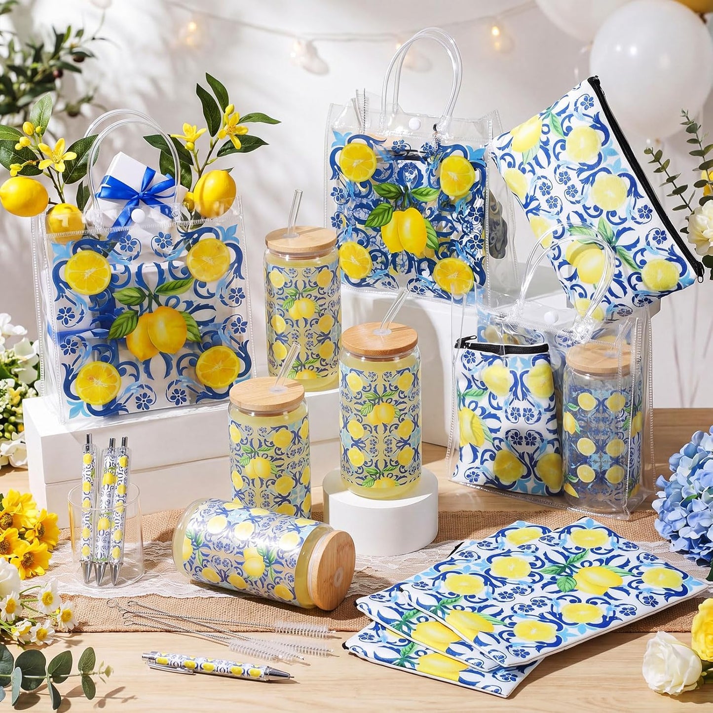 24 Pcs Lemon Party Favors,Capri Lemon Theme Gift PVC Transparent Bag 16 oz Glass Cups with Lids and Straws Cosmetic Bag Pen for Summer Bridal Baby Shower Wedding Engagement Favors Supplies