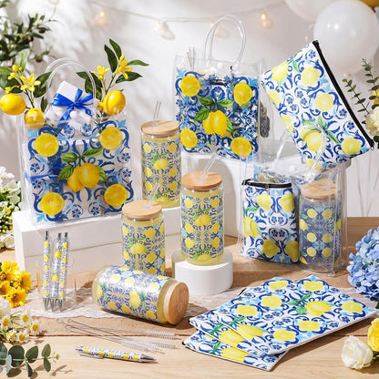 24 Pcs Lemon Party Favors,Capri Lemon Theme Gift PVC Transparent Bag 16 oz Glass Cups with Lids and Straws Cosmetic Bag Pen for Summer Bridal Baby Shower Wedding Engagement Favors Supplies