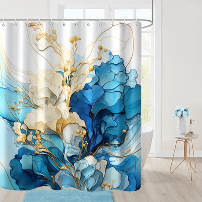 Light Blue Flowers Shower Curtain for Bathroom Navy Blue White Marble Shower Curtain Set with Hooks Abstract Yellow Floral Bathtub Decor Waterproof Fabric Curtains 72x72inches