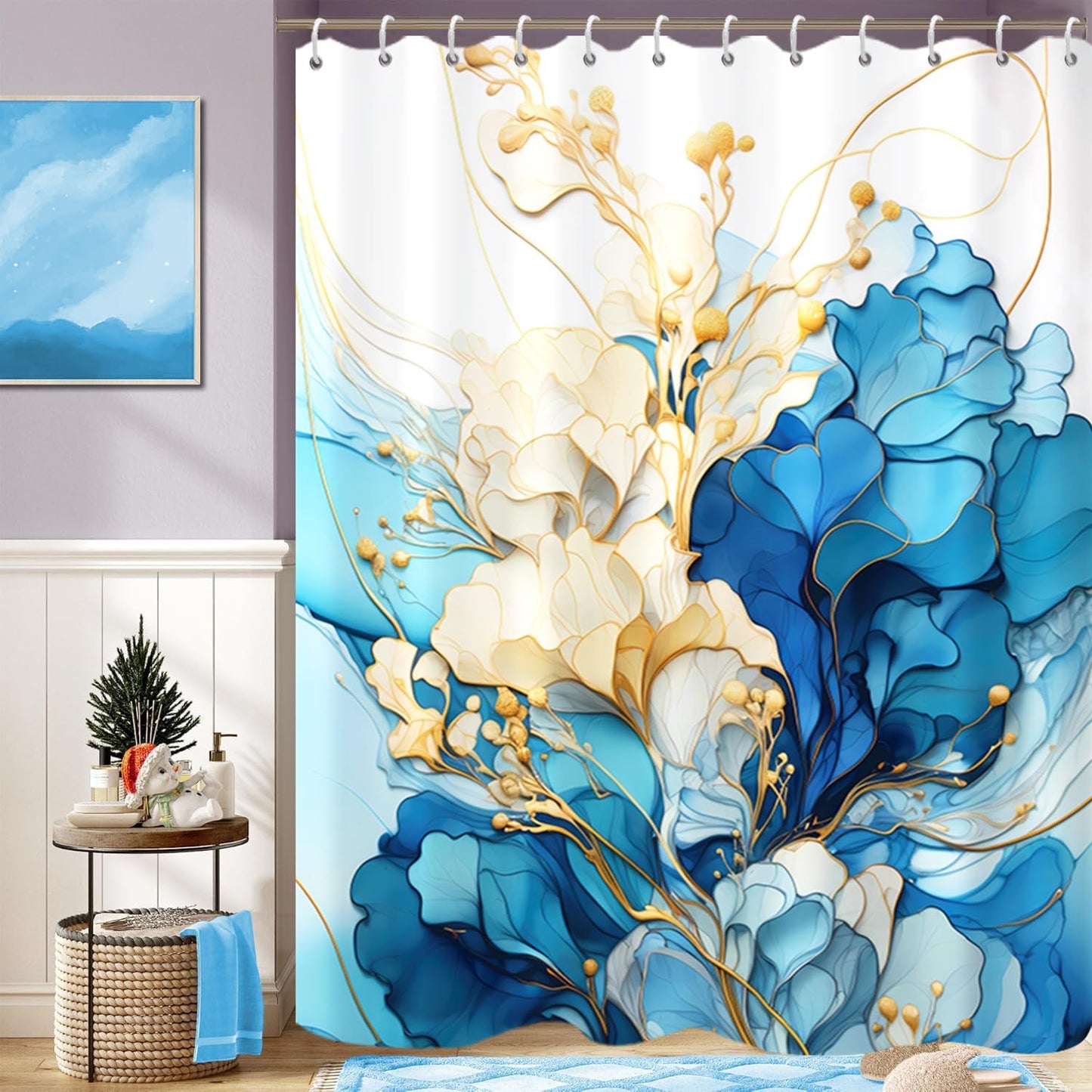 Light Blue Flowers Shower Curtain for Bathroom Navy Blue White Marble Shower Curtain Set with Hooks Abstract Yellow Floral Bathtub Decor Waterproof Fabric Curtains 72x72inches
