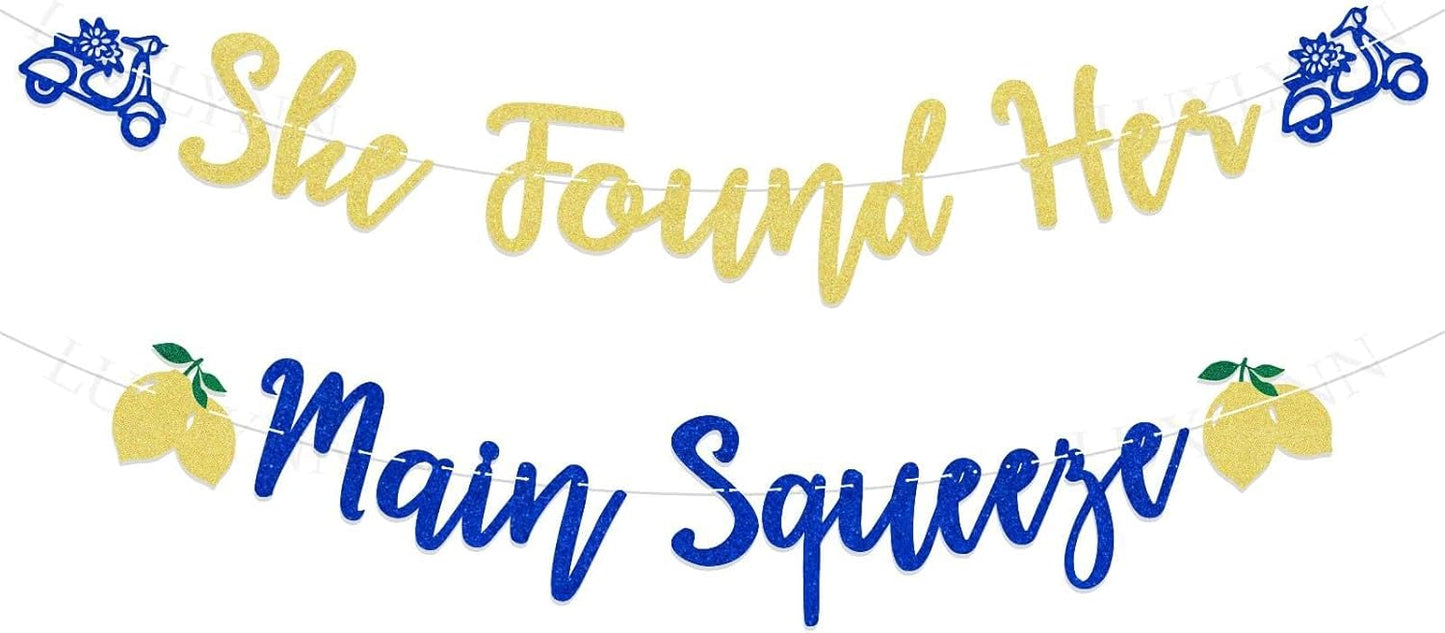 Lemon Bachelorette Decorations - She Found Her Main Squeeze Banner, Lemon Citrus Wedding Bridal Shower Engagement Party Supplies Gold Glitter