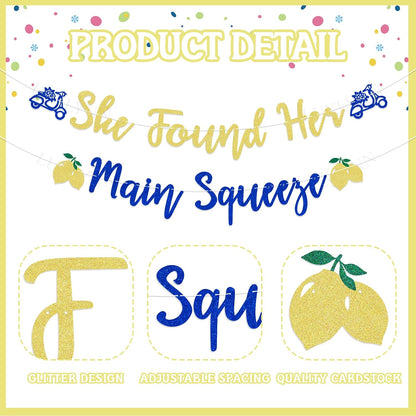 Lemon Bachelorette Decorations - She Found Her Main Squeeze Banner, Lemon Citrus Wedding Bridal Shower Engagement Party Supplies Gold Glitter