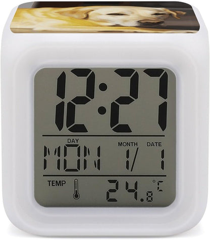 Cube Alarm Clock Creative 7 Colour LED Digital Clock with Temperature | Yellow Dog Bedside Electronic Clock Battery Operated Mute Luminous Alarm Clock Adjustable Light