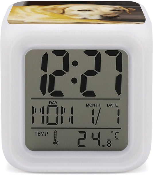 Cube Alarm Clock Creative 7 Colour LED Digital Clock with Temperature | Yellow Dog Bedside Electronic Clock Battery Operated Mute Luminous Alarm Clock Adjustable Light