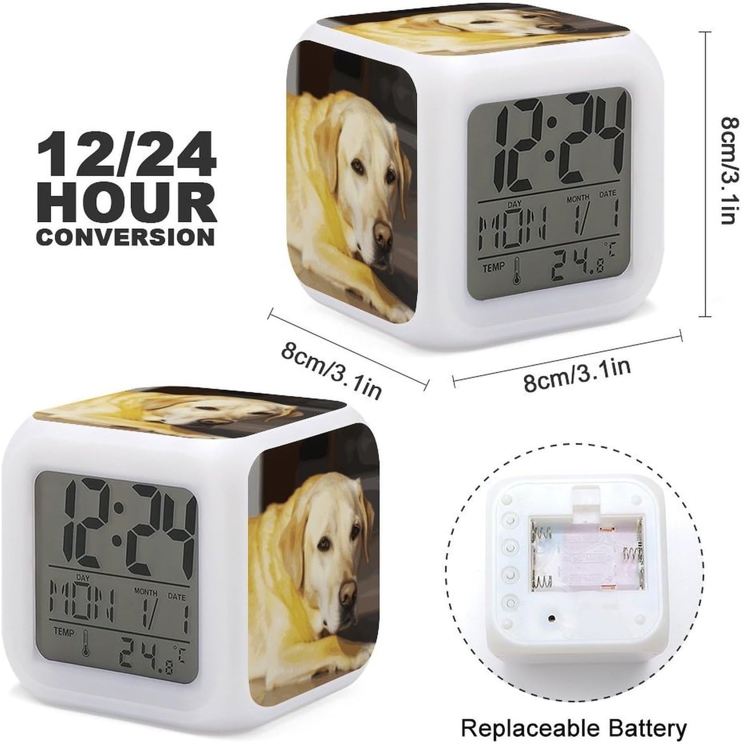 Cube Alarm Clock Creative 7 Colour LED Digital Clock with Temperature | Yellow Dog Bedside Electronic Clock Battery Operated Mute Luminous Alarm Clock Adjustable Light