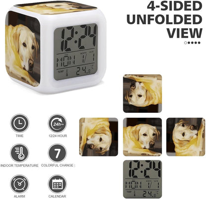 Cube Alarm Clock Creative 7 Colour LED Digital Clock with Temperature | Yellow Dog Bedside Electronic Clock Battery Operated Mute Luminous Alarm Clock Adjustable Light