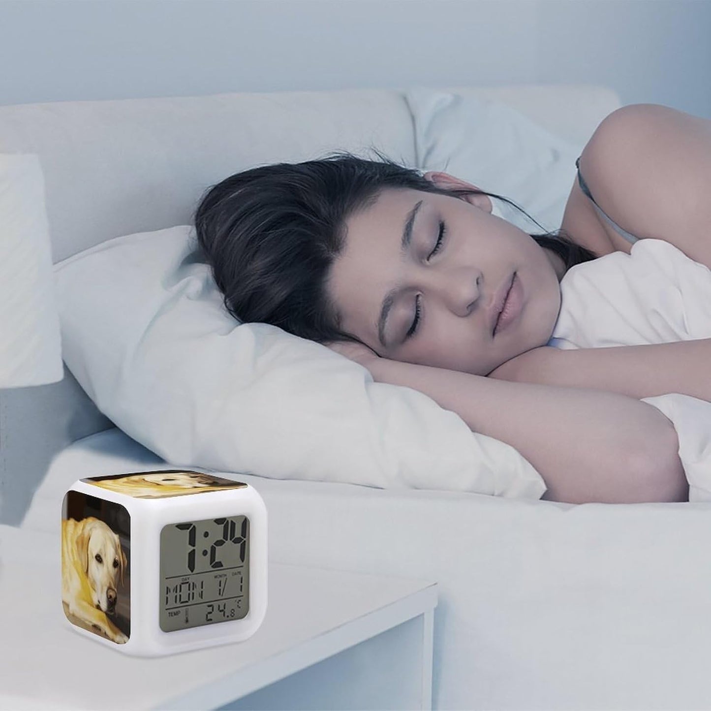 Cube Alarm Clock Creative 7 Colour LED Digital Clock with Temperature | Yellow Dog Bedside Electronic Clock Battery Operated Mute Luminous Alarm Clock Adjustable Light