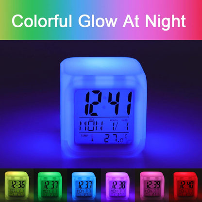 Cube Alarm Clock Creative 7 Colour LED Digital Clock with Temperature | Yellow Dog Bedside Electronic Clock Battery Operated Mute Luminous Alarm Clock Adjustable Light