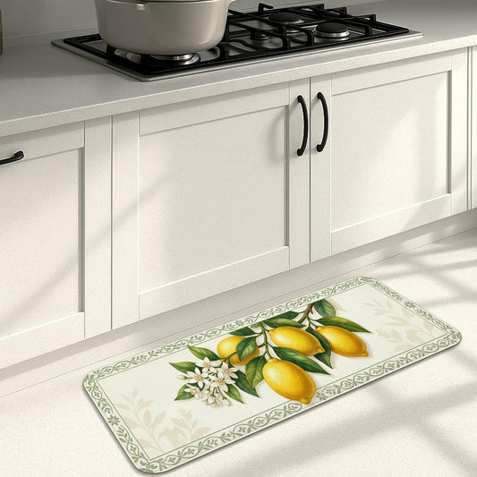 Vintage Floral Kitchen Mats for Floor, Lemon and Olive Branch Design Soft Mats, Spring Cushioned Comfort Washable Decor Rugs for Kitchen Sinks Laundryroom Bathroom 16x47 Inch