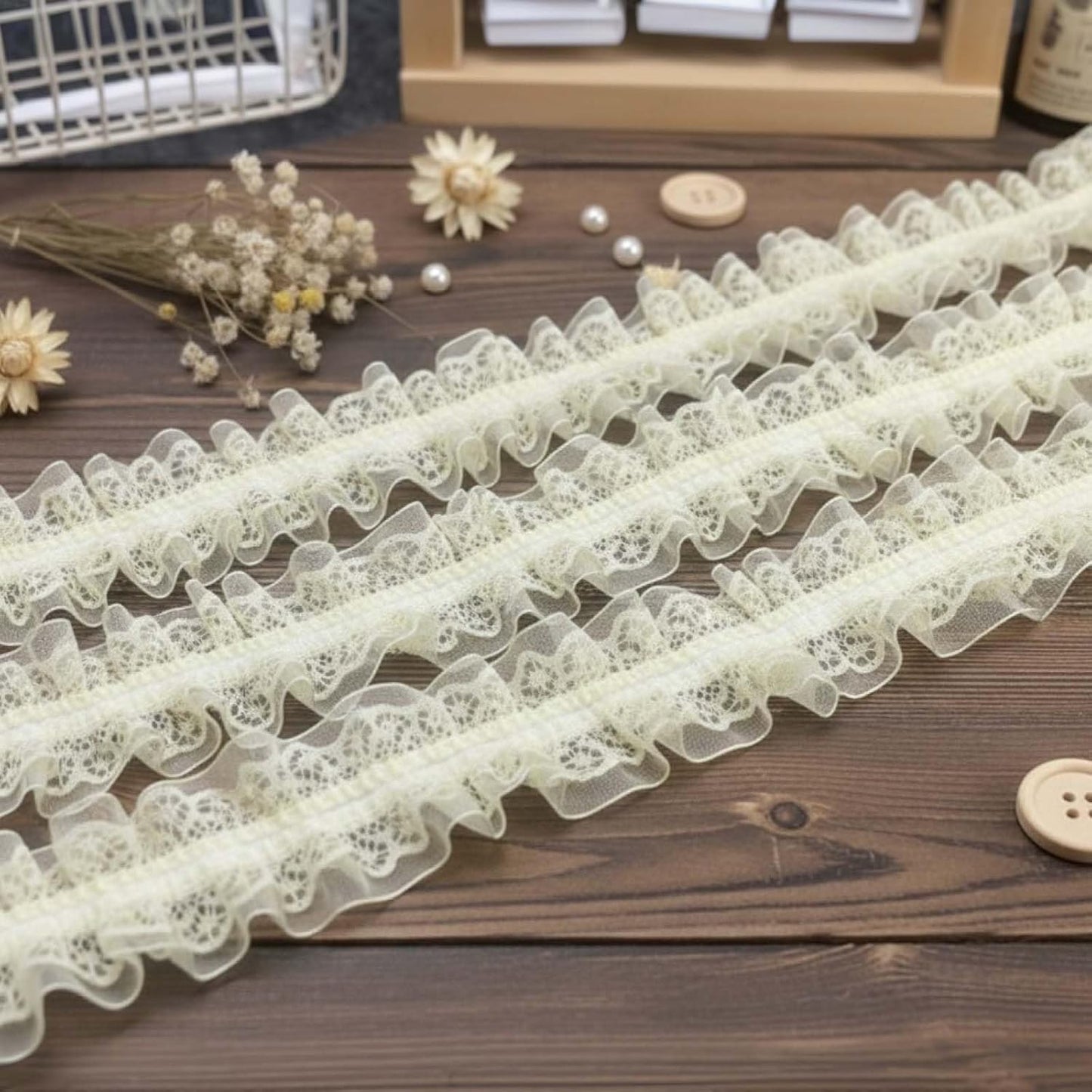 1.57 Inch Chiffon Lace Ruffle Trim, Yellow Stretch Pleated Edge — | Yellow Chiffon Lace Ruffle Trim, 3.3 Yards Elastic Pleated Edge Ribbon for DIY Wedding Costumes, Bridal Gowns & Crafts