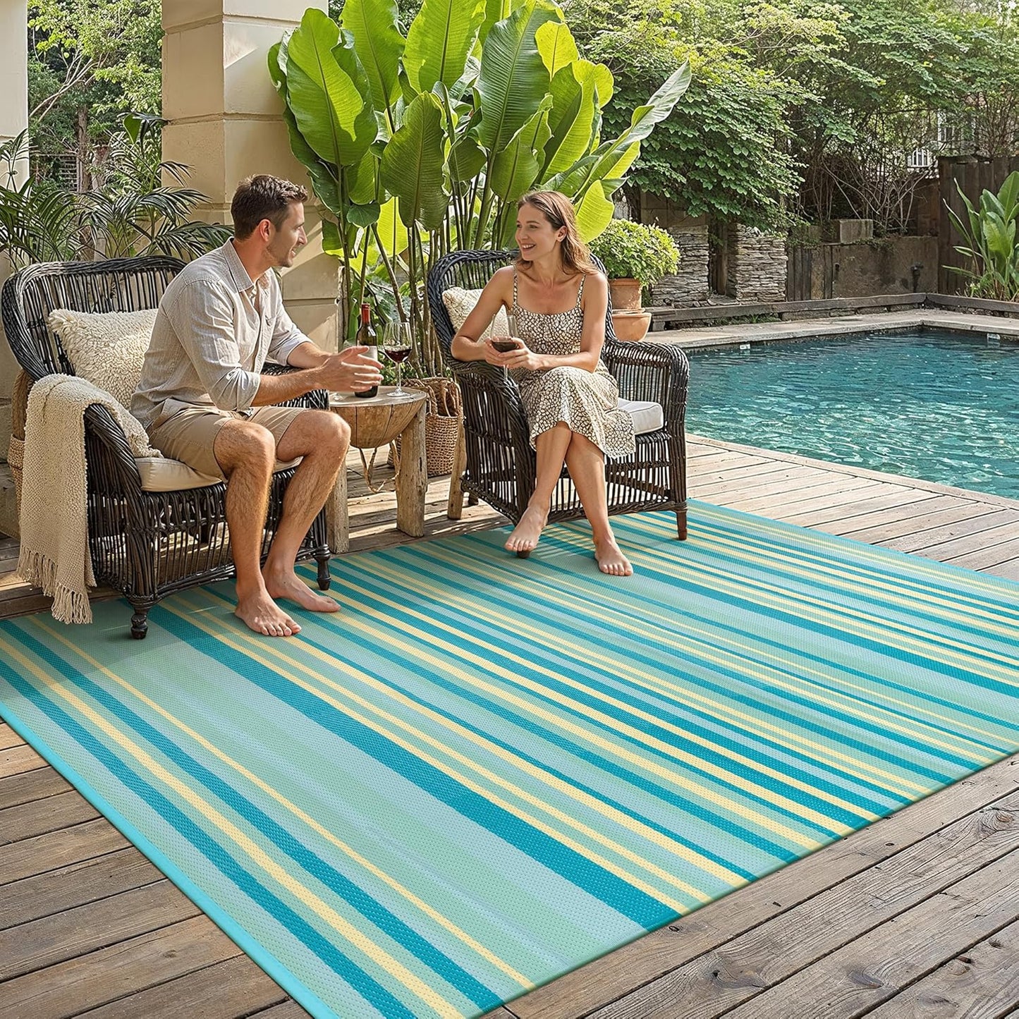 Outdoor Plastic Straw Rug Waterproof Patio 6x9 Teal Yellow Stripe Mat for Porch Camping RV Balcony Deck Courtyard Reversible Lightweight Durable Portable Carpet