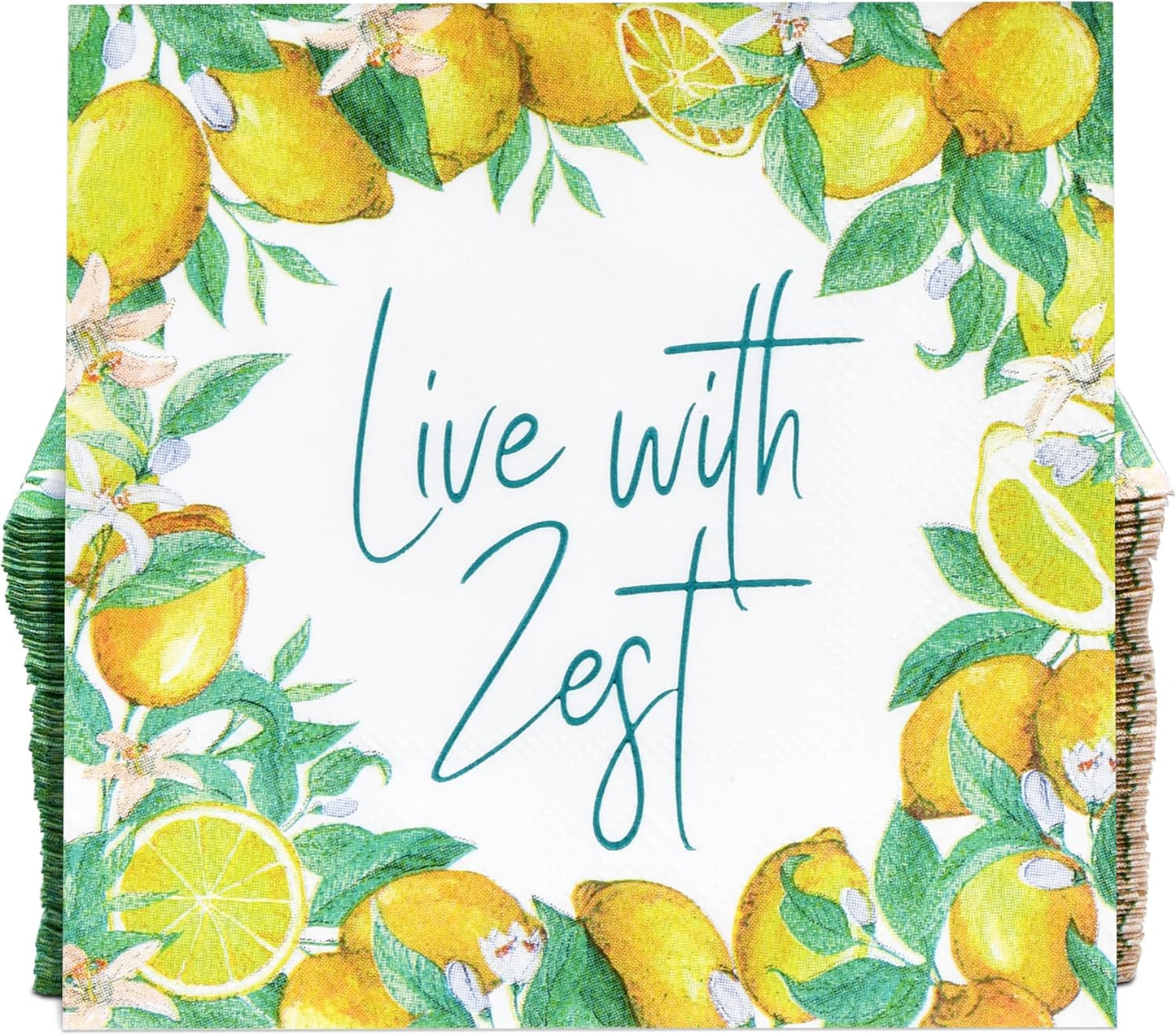 100 Pcs Live with Zest Floral Cocktail Beverage Napkins Lemon Flower Disposable Paper Dessert Napkin for Summer Spring Birthday Party Supplies Decor