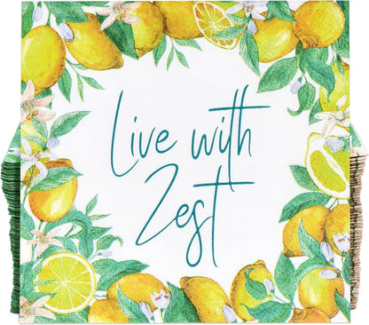 100 Pcs Live with Zest Floral Cocktail Beverage Napkins Lemon Flower Disposable Paper Dessert Napkin for Summer Spring Birthday Party Supplies Decor