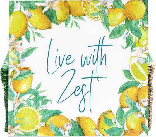 100 Pcs Live with Zest Floral Cocktail Beverage Napkins Lemon Flower Disposable Paper Dessert Napkin for Summer Spring Birthday Party Supplies Decor