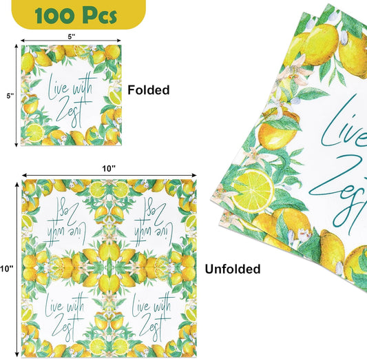 100 Pcs Live with Zest Floral Cocktail Beverage Napkins Lemon Flower Disposable Paper Dessert Napkin for Summer Spring Birthday Party Supplies Decor