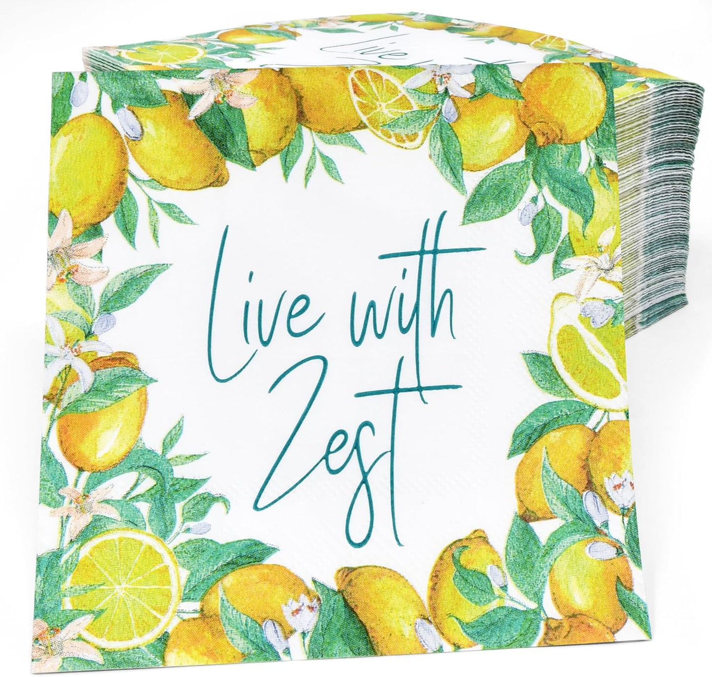 100 Pcs Live with Zest Floral Cocktail Beverage Napkins Lemon Flower Disposable Paper Dessert Napkin for Summer Spring Birthday Party Supplies Decor