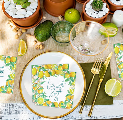 100 Pcs Live with Zest Floral Cocktail Beverage Napkins Lemon Flower Disposable Paper Dessert Napkin for Summer Spring Birthday Party Supplies Decor