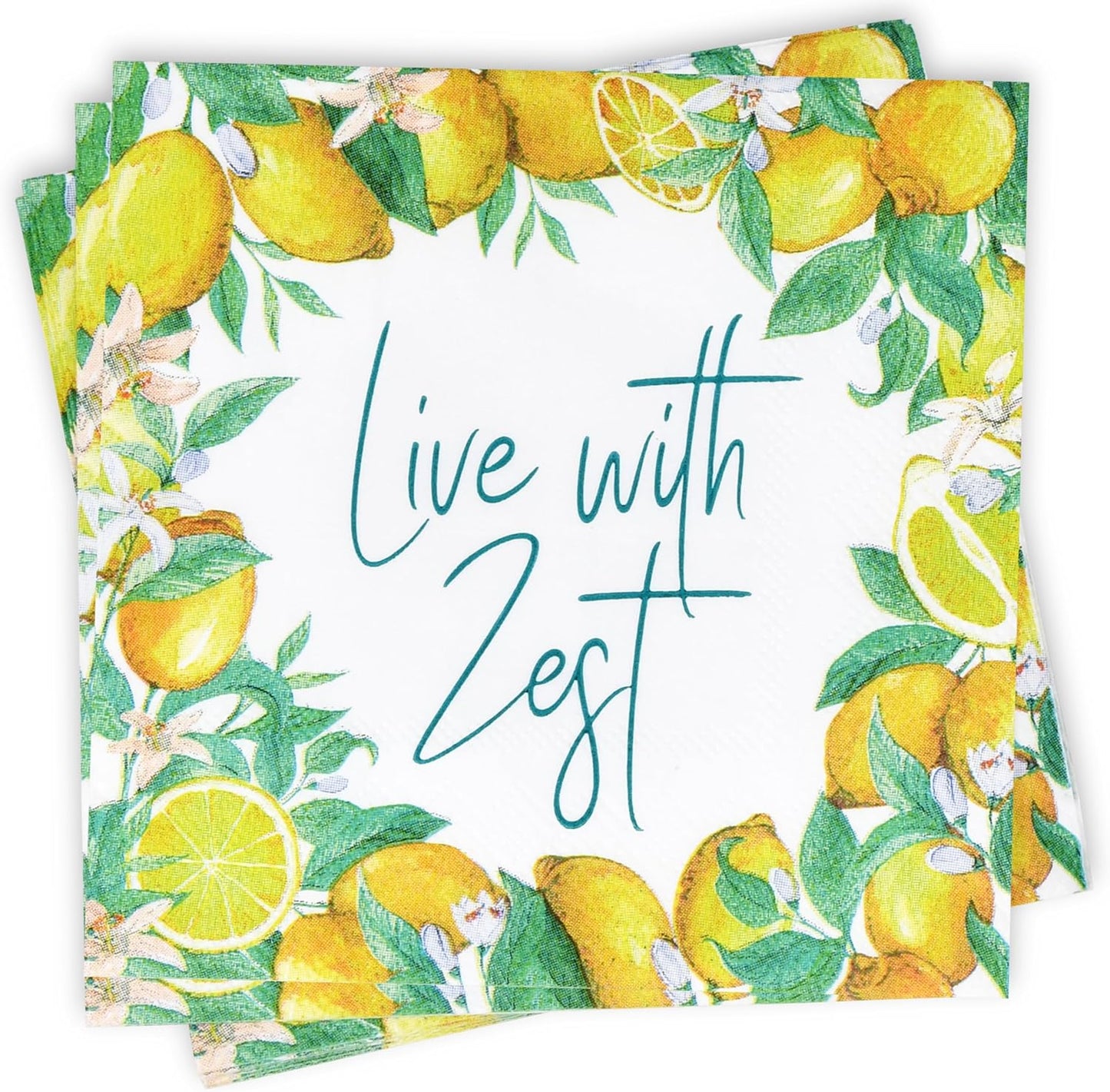 100 Pcs Live with Zest Floral Cocktail Beverage Napkins Lemon Flower Disposable Paper Dessert Napkin for Summer Spring Birthday Party Supplies Decor
