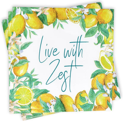 100 Pcs Live with Zest Floral Cocktail Beverage Napkins Lemon Flower Disposable Paper Dessert Napkin for Summer Spring Birthday Party Supplies Decor