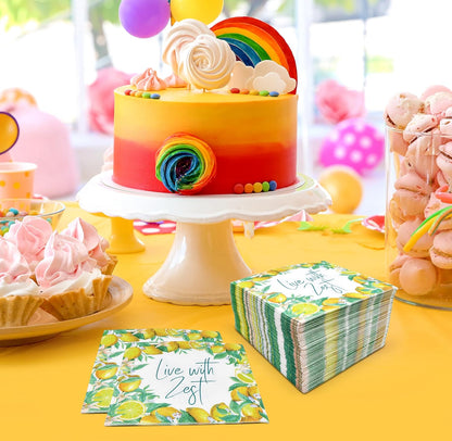 100 Pcs Live with Zest Floral Cocktail Beverage Napkins Lemon Flower Disposable Paper Dessert Napkin for Summer Spring Birthday Party Supplies Decor