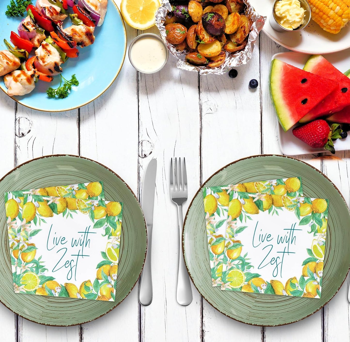 100 Pcs Live with Zest Floral Cocktail Beverage Napkins Lemon Flower Disposable Paper Dessert Napkin for Summer Spring Birthday Party Supplies Decor