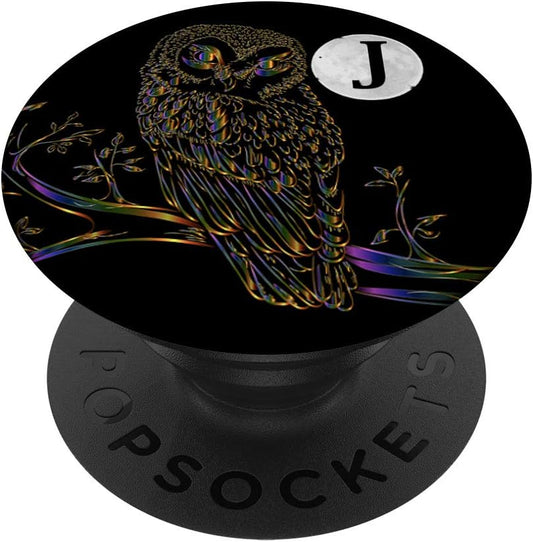 Phone Holder Pop Out Handle,Owl Cute Rainbow Black Letter J PopSockets Grip and Stand for Phones and Tablets