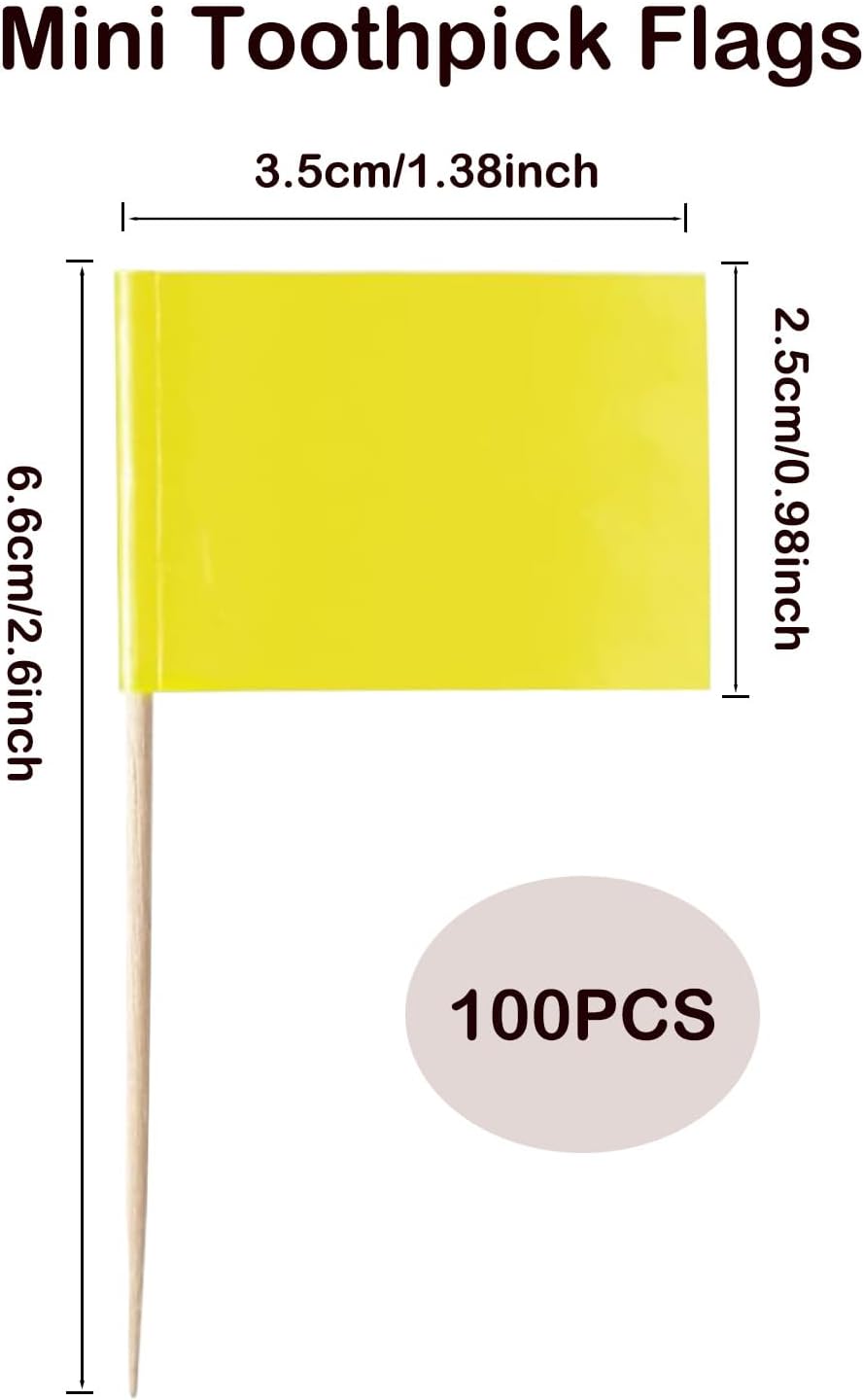 100 Pack Solid Yellow Toothpick Flags, Small Mini Yellow Flag Toothpicks Cocktail Picks with Wooden Sticks, Plain Cupcake Toppers for Party Food Labels, Buffet and DIY Decor