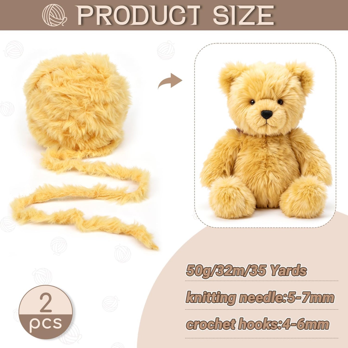 Faux Fur Yarn for Crochet and Knitting, 2 Pack 35 Yards (32 Meters) Super Soft Bulky Chenille Fleece Yarn, Plush Fluffy Yarn for DIY Amigurumi Blanket Scarf – Yellow