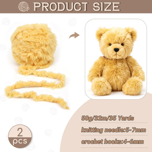 Faux Fur Yarn for Crochet and Knitting, 2 Pack 35 Yards (32 Meters) Super Soft Bulky Chenille Fleece Yarn, Plush Fluffy Yarn for DIY Amigurumi Blanket Scarf – Yellow