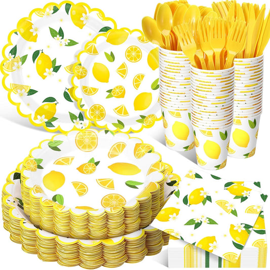 400 Pcs Lemon Party Supplies for 50 Guests Yellow Fruit Flower Shaped Disposable Plate Napkin Cup Spoon Fork Knives for Summer Fruit Birthday Baby Shower Party Supplies(Bright Yellow, Lemon)