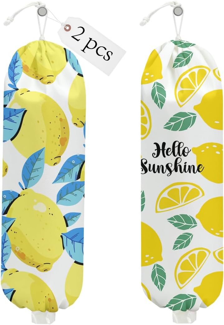 2PCS Lemon Plastic Bag Holder, Lemon Gifts for Women Mom Grandma | Wall Mount Grocery Bag Holder for Plastic Storage, Lemon Storage Organizer Reusable Grocery Bags, Pull Rope Free Adjustment