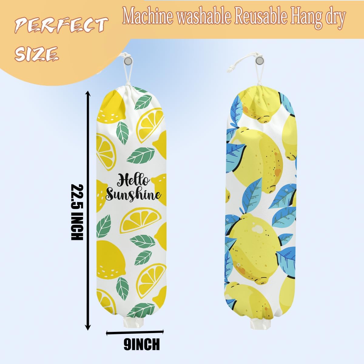 2PCS Lemon Plastic Bag Holder, Lemon Gifts for Women Mom Grandma | Wall Mount Grocery Bag Holder for Plastic Storage, Lemon Storage Organizer Reusable Grocery Bags, Pull Rope Free Adjustment