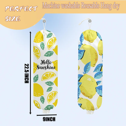 2PCS Lemon Plastic Bag Holder, Lemon Gifts for Women Mom Grandma | Wall Mount Grocery Bag Holder for Plastic Storage, Lemon Storage Organizer Reusable Grocery Bags, Pull Rope Free Adjustment